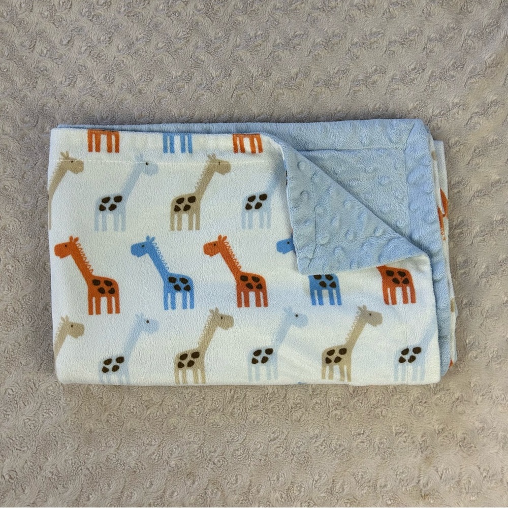 HB Hudson Baby Orange Blue Giraffe Baby Blanket Minky Dot White Tan Brown Dots